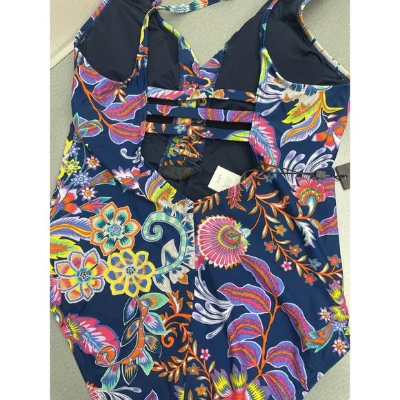 NEW $108 BCBGMAXAZRIA Womens Small One Piece Swimsuit Midnight Floral Lace Up - Picture 7 of 13